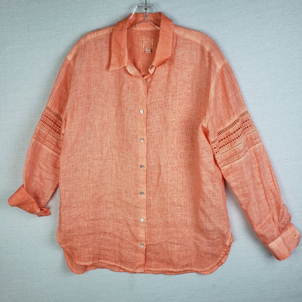120% LINO Linen Shirt Button-Up Blouse Tunic Eyelet Crochet Peach Orange size 42